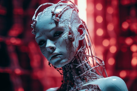 a close up of a woman with wires attached to her bodyの素材