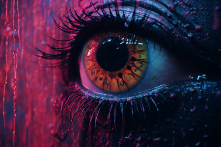 a close up of a womans eye with a red eyeの素材