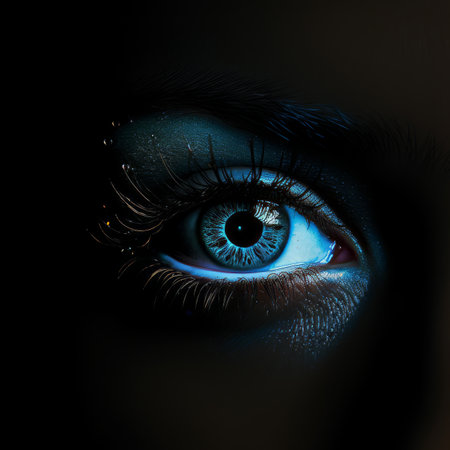 a close up of a womans eye with blue eyesの素材
