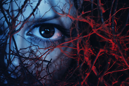 a close up of a womans face with red and blue branchesの素材