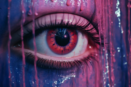 a close up of a womans eye with pink and blue paintの素材