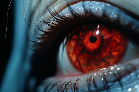a close up of a womans eye with red eyesの素材