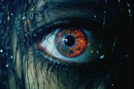 a close up of a womans eye with red eyesの素材