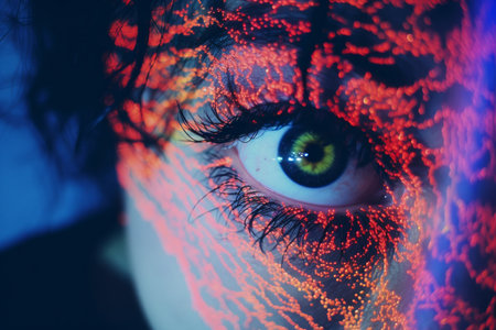 a close up of a womans face with glowing eyesの素材