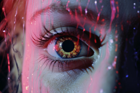 a close up of a womans eye with red eyesの素材
