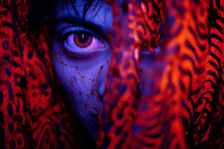 a close up of a womans face with red eyesの素材