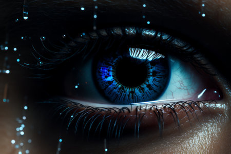 a close up of a womans eye with rain drops on itの素材