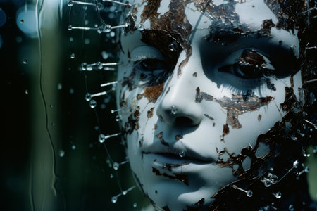 a close up of a womans face with pins sticking out of itの素材