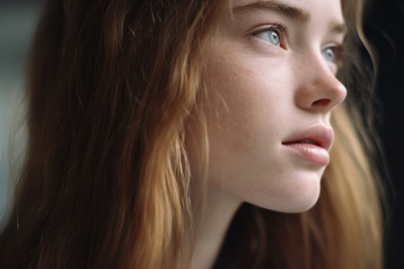a close up of a young woman with red hairの素材