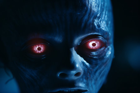 a close up of an alien with glowing red eyesの素材