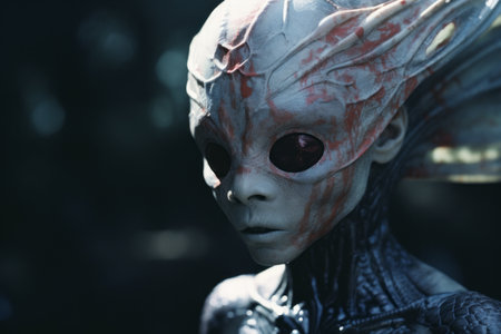 a close up of an alien with red eyesの素材