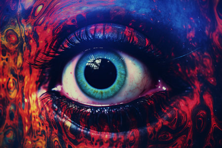 a close up of an eye with a red and blue backgroundの素材