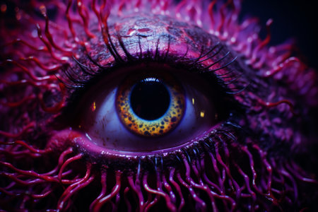 a close up of an eye with purple hairの素材
