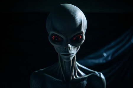 a close up of an alien with red eyesの素材