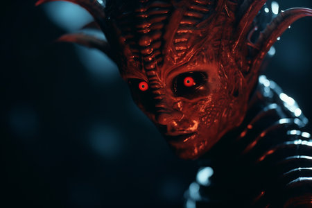 a close up of an alien with red eyesの素材