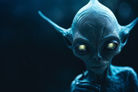 a close up of an alien with glowing eyesの素材