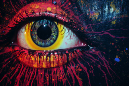 a close up of an eye with a red and yellow paint splatterの素材