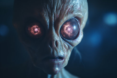 a close up of an alien head with glowing eyesの素材