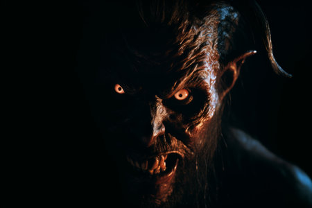 a close up of the face of a demon in the darkの素材