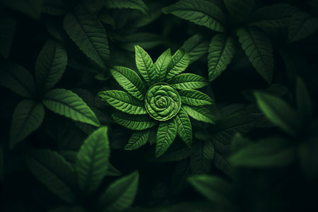 a close up view of a green leaf on a dark backgroundの素材