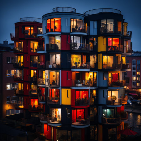 a colorful apartment building lit up at nightの素材