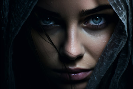 a close up of a woman with blue eyesの素材