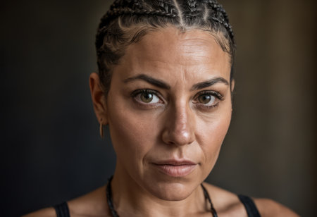 a close up of a woman with braids on her headの素材