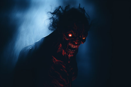 a creepy demon with glowing red eyes in the darkの素材