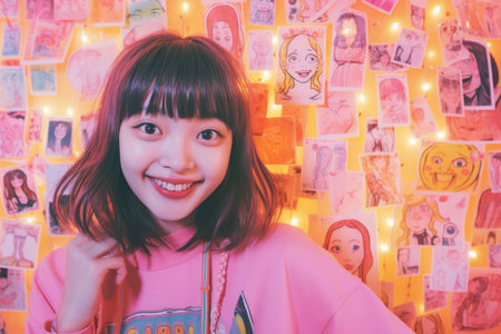 a girl smiling in front of a wall of picturesの素材