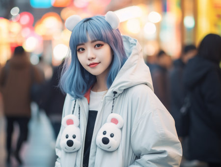 a girl with blue hair wearing a jacket with teddy bears on itの素材