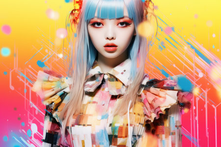 a girl with blue hair and a colorful dressの素材