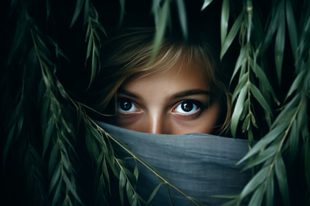 a girl peeking out from behind the leaves of a treeの素材