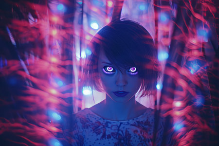 a girl with blue eyes and purple hair in a dark forestの素材