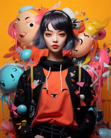 a girl with black hair and a red shirt is surrounded by colorful balloonsの素材