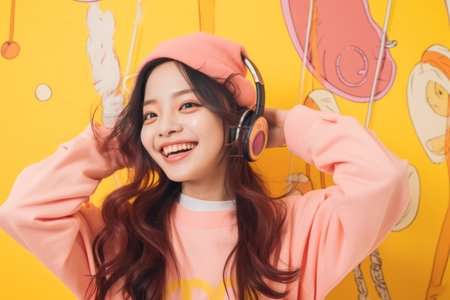 a girl wearing headphones and smiling in front of a colorful wallの素材