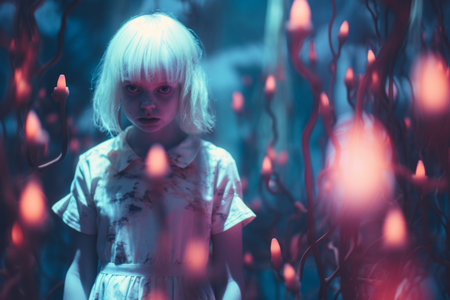 a girl with blonde hair standing in front of red flowersの素材