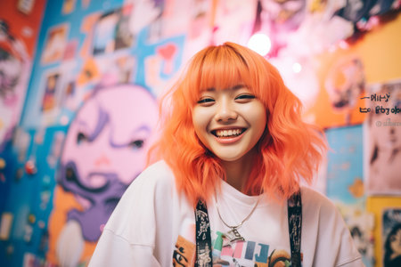 a girl with bright orange hair smiling in front of a wallの素材