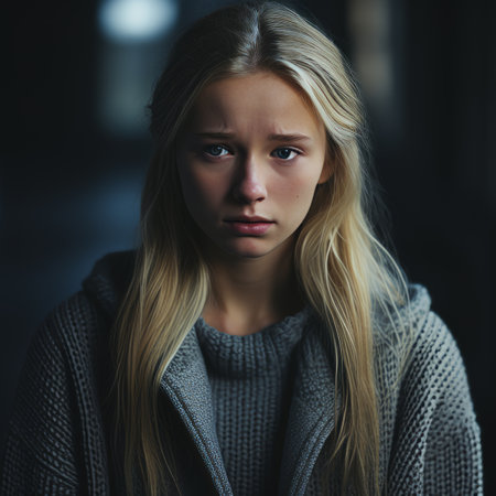a girl with long blonde hair in a sweaterの素材