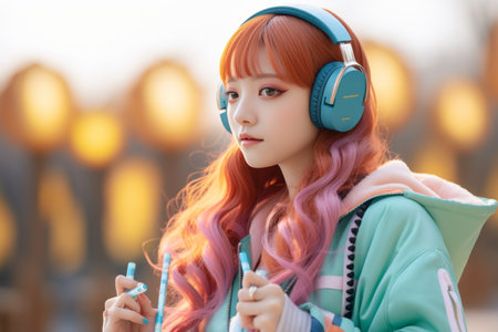 a girl with long red hair wearing headphonesの素材