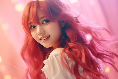 a girl with long red hair and a smileの素材