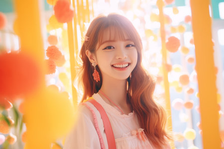 a girl with long red hair smiling in front of colorful balloonsの素材
