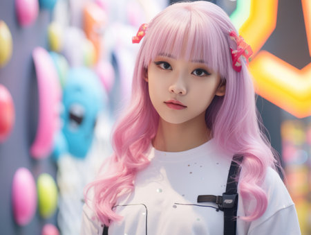 a girl with long pink hair wearing a white shirtの素材