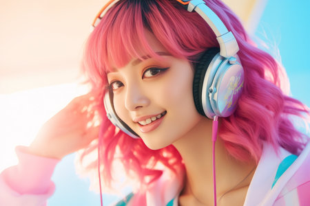 a girl with pink hair wearing headphonesの素材