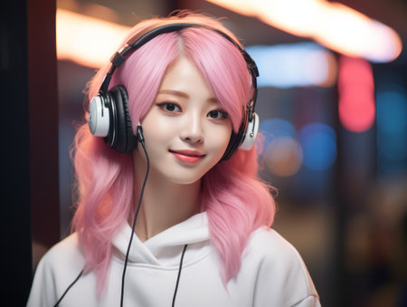 a girl with pink hair wearing headphonesの素材