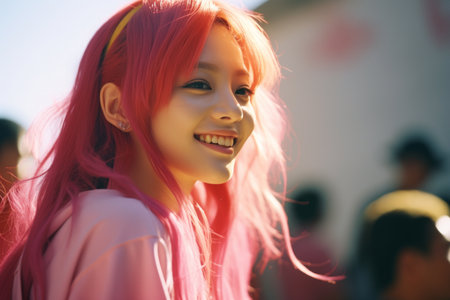 a girl with pink hair smiling and looking at the cameraの素材