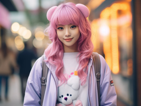 a girl with pink hair wearing a teddy bear t - shirtの素材