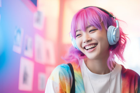 a girl with pink hair wearing headphones and smilingの素材