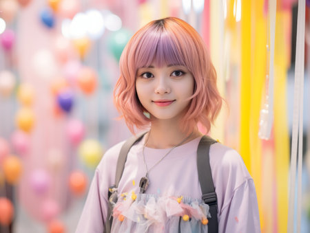 a girl with pink hair standing in front of balloonsの素材