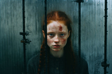 a girl with red hair and blood on her face is behind barsの素材