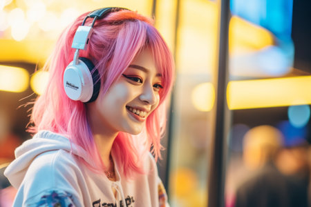 a girl with pink hair wearing headphonesの素材
